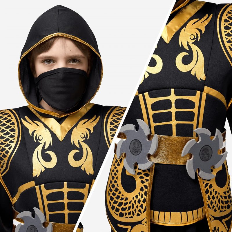 Spooktacular Creations Golden Ninja Costume Set, Ninja Jumpsuit with Foam Accessories for Kids, Halloween Cosplay Party