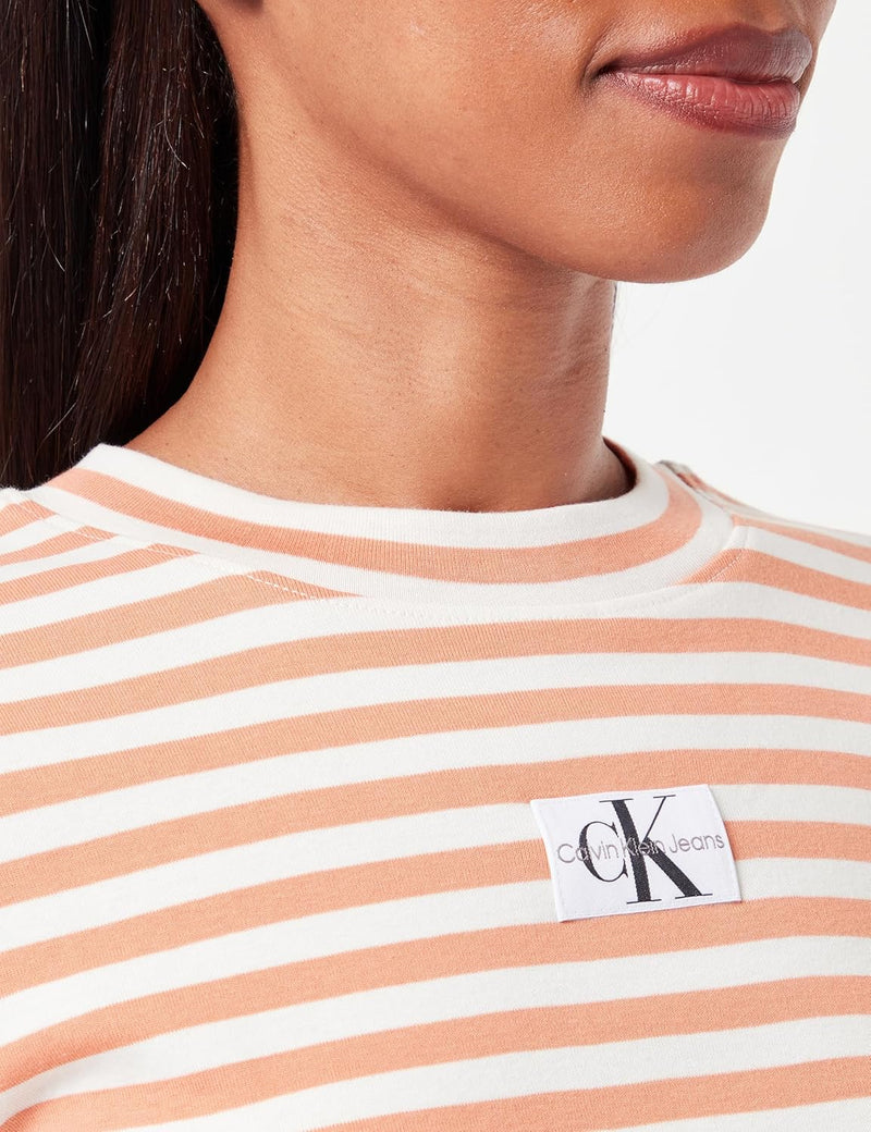 Women STRIPED BABY S/S Knit Tops - Ivory / Tropical Orange