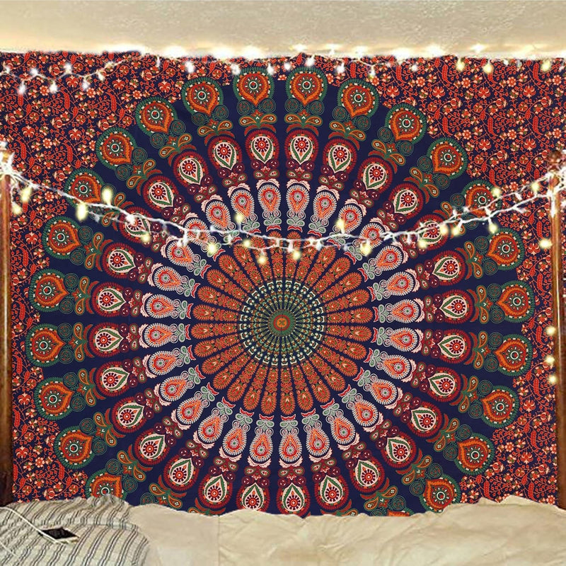 Bless International, Indian Wall Hanging Psychedelic Hippie Bohemian Peacock Mandala Tapestry Bed Sheet Gold Pink Blue King 225x265cm