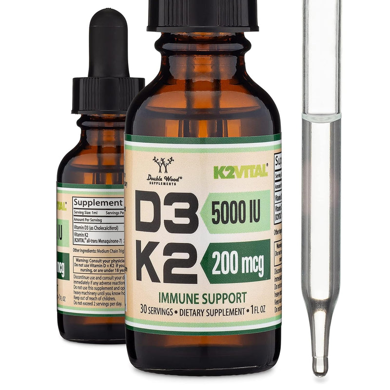 Vitamin D3 K2 5,000 IU Liquid Drops (5,000 IU of D3 and 200mcg of 99.9% All-Trans Patented K2 MK-7 (K2Vital)) Max Absorption Liquid Vitamin D Drops for Kids and Adults (30 Servings) by Double Wood