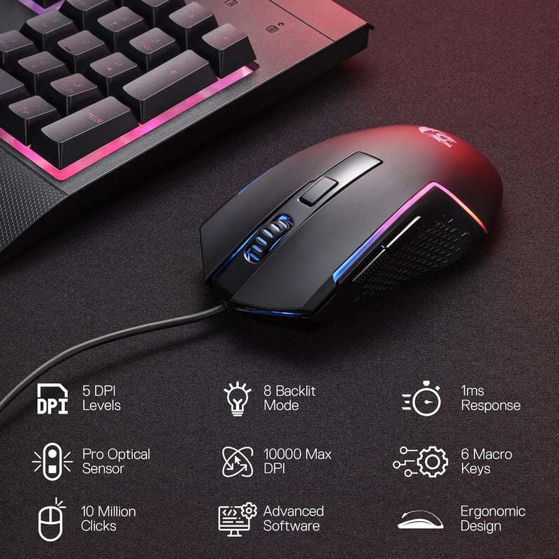 Redragon S151 Gaming Keyboard & Mouse Combo, 104 Keys K525 Wired RGB Membrane Keyboard and 10000 DPI Wired M616 Gaming Mouse Bundle - ASSORTED COLOR