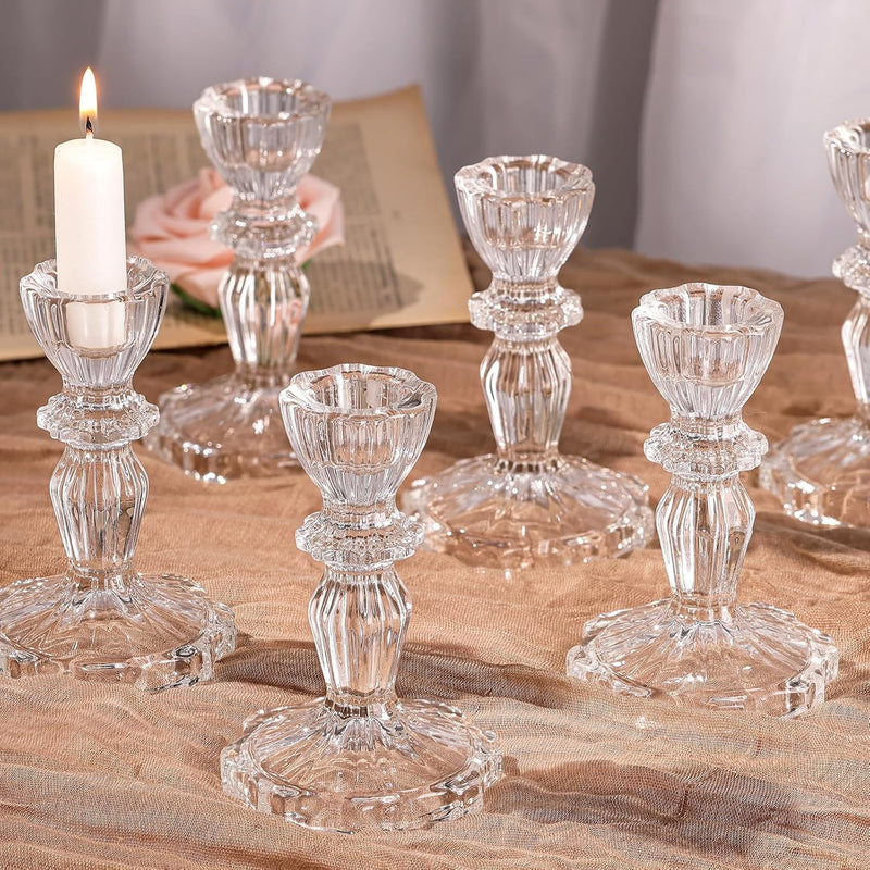 Simeitol Glass Candlestick Holders Bulk, 6PCS Crystal Taper Candle Holders Set, Gold Tall Candle Stick Holder Stand for DIY, Festival, Party, Table Decor