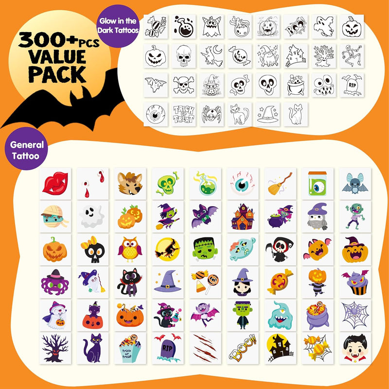 JOYIN 300+ Assorted Halloween Temporary Tattoos including Glow in the Dark Tattoos for Kids Halloween Trick or Treat Party Supplies, Class Hang out Give away Treat