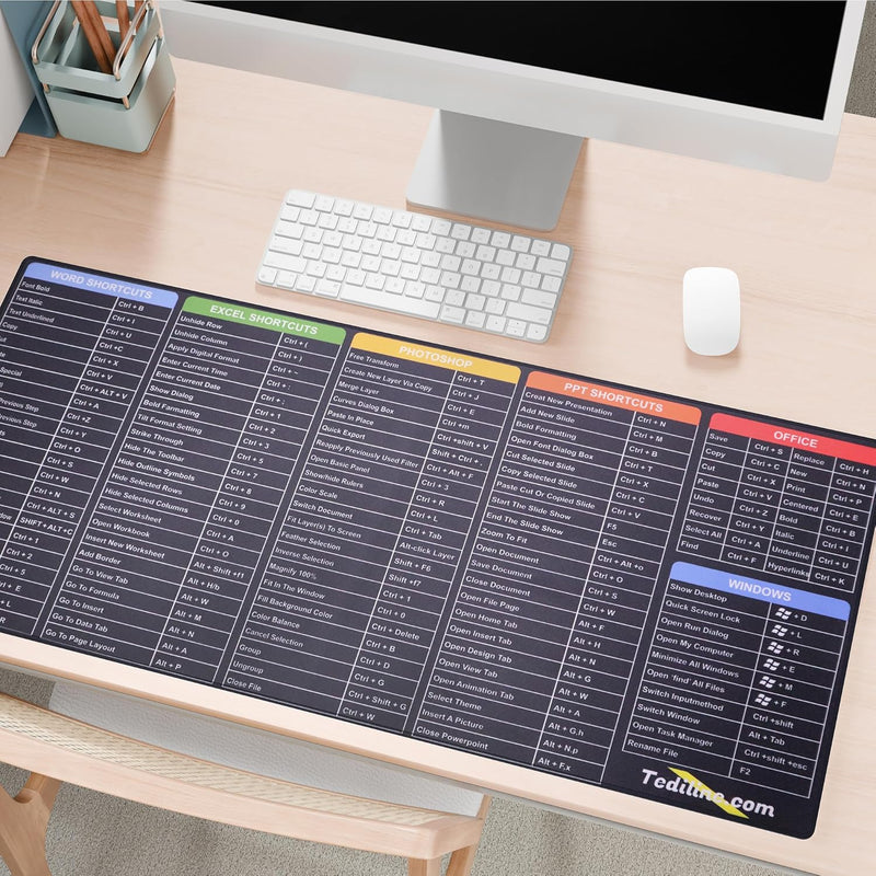 Desk Mat for Mouse and Keyboard with Keyboard Shortcuts Print Gaming Mouse Pad with MS Word, Excel, Photoshop, Office, and Windows Shortcuts Large Desk Accessories for PC and Desktop