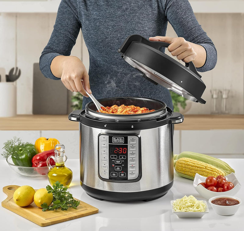 Black & Decker 1000W 6L Electric Pressure Cooker 7in1, With 12 Smart Programs 9 Safety Features Dishwasher Safe with Accessories, For Quick and Easy Meals PCP1000-B5 2 Years Warranty