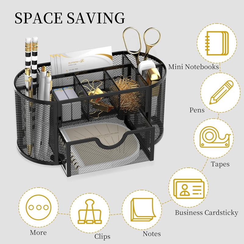 KASTWAVE Mesh Desk Organizer, Desk Organizer Stationery Storage, Pencil Holder for Desk with 9 Compartments and Mini Drawer, Wire Mesh Office Supplies Desk Accessories & Workspace Organizers (Black)