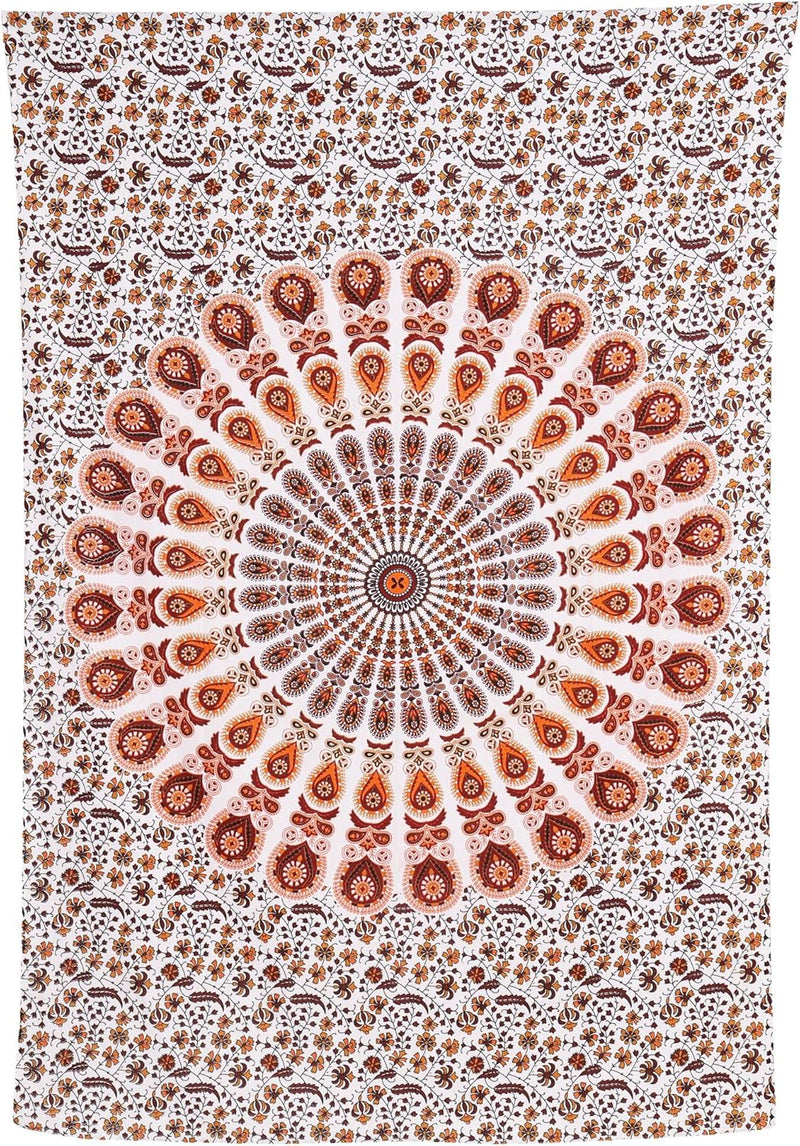 Bless International, Indian Wall Hanging Psychedelic Hippie Bohemian Peacock Mandala Tapestry Bed Sheet Gold Pink Blue King 225x265cm