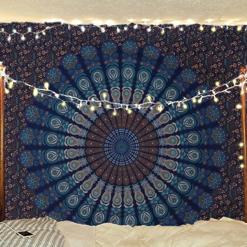 Bless International, Indian Wall Hanging Psychedelic Hippie Bohemian Peacock Mandala Tapestry Bed Sheet Gold Pink Blue King 225x265cm