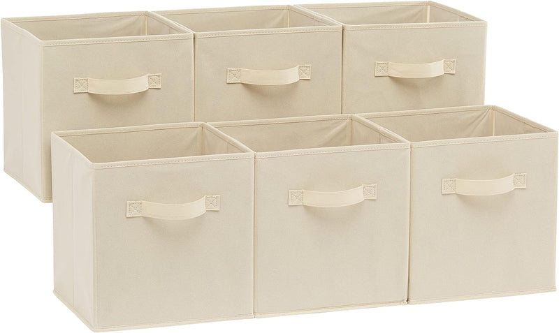 Amazon Basics Collapsible Fabric Storage Cube/Organiser with Handles, Pack of 6, Solid Grey, 26.6 x 26.6 x 27.9 cm - Beige 26.67 x 26.67 x 27.94 centimeters(Pack of 6)