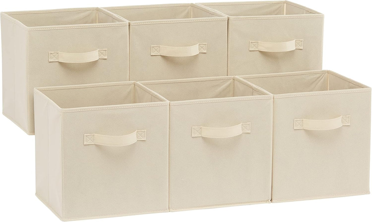 Amazon Basics Collapsible Fabric Storage Cubes Organizer with Handles, 26.67 x 26.67 x 27.94 centimeters, Beige - Pack of 6 – image 1