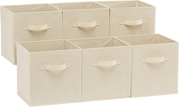 Amazon Basics Collapsible Fabric Storage Cubes Organizer with Handles, 26.67 x 26.67 x 27.94 centimeters, Beige - Pack of 6 - Beige 26.67 x 26.67 x 27.94 centimeters(Pack of 6)