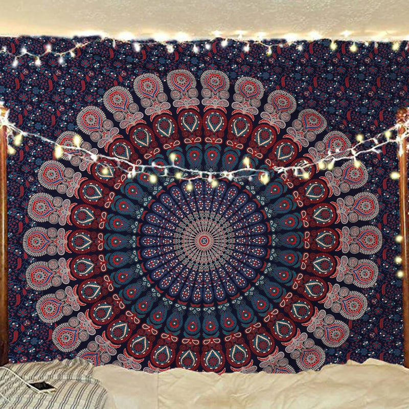 Bless International, Indian Wall Hanging Psychedelic Hippie Bohemian Peacock Mandala Tapestry Bed Sheet Gold Pink Blue King 225x265cm