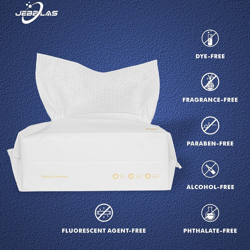 JEBBLAS Disposable Face Cleaning Towels Dry Soft Wipe Makeup Removing Cotton Tissue Wet and Dry Daul Use for Sensitive Skin, 60 Pcs/Bag, Total 120 Pcs