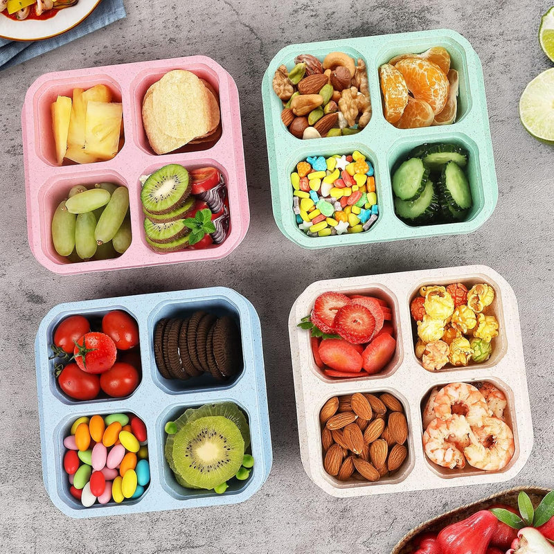 BIGTHREE 4 Pack Bento Snack Containers Set, Wheat Straw Meal Prep Lunch Box, 4 Compartment Snack Bento Boxes with Clear Lids, Microwave and Dishwasher Safe for Adults & Kids