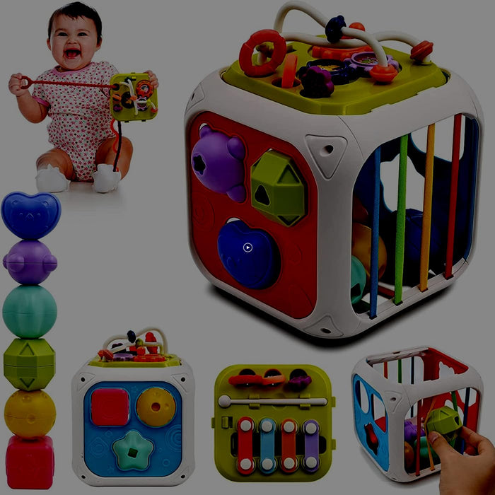 AM ANNA Baby Shape Sorting Toy, Montessori Sensory Activity Colorful Cube,7 in 1 Multifunction Educational Toys with Sensory Sorting Bin with Elastic Bands,Stacking Blocks for Ages 12 Months+