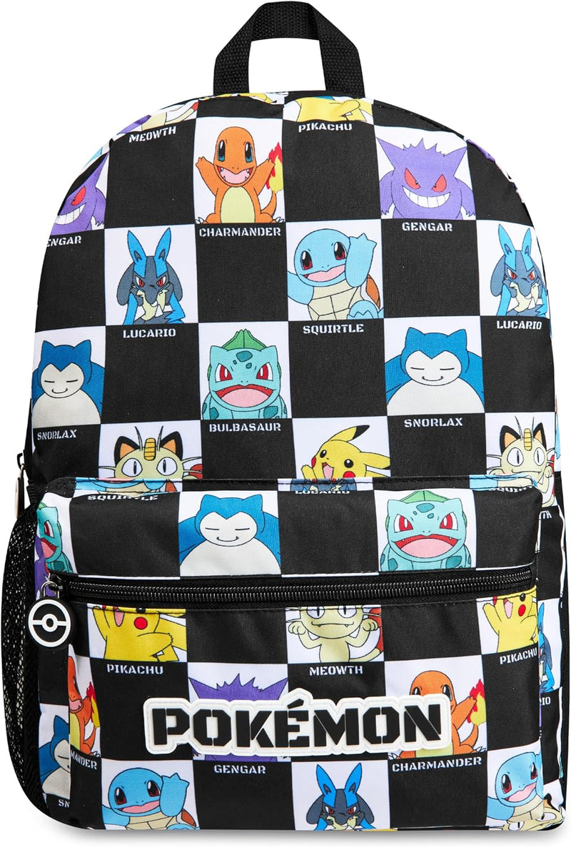Pokemon Kids Backpack with Water Bottle Pocket for School, Sports, Travel - Anime Gifts - Black/White