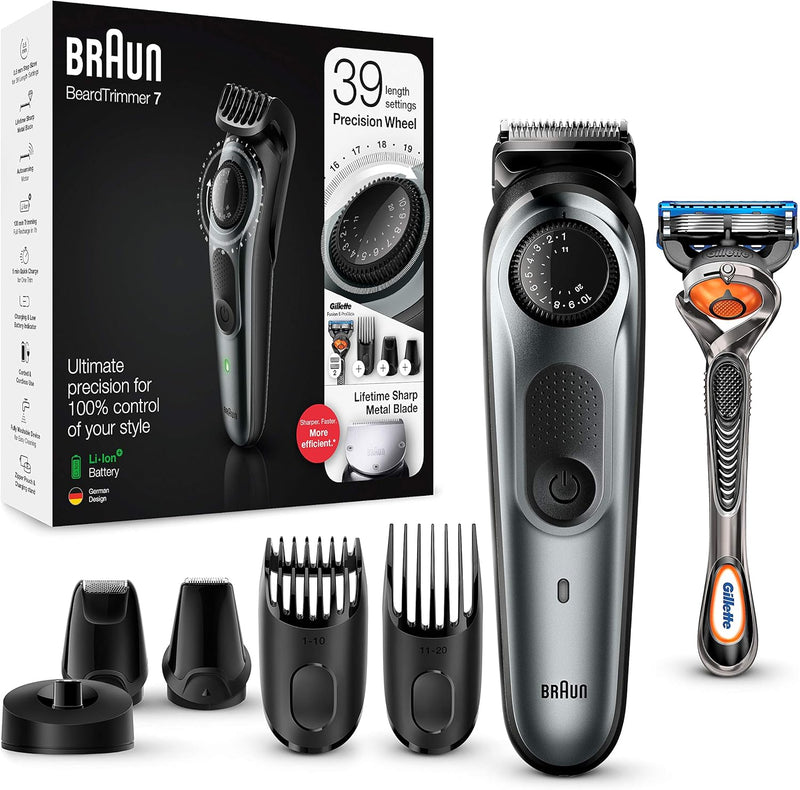 Barun Beard Timmer 7 with 39 Length Settings Precision Wheel Cordless & Rechargeable With Gillette Proglide Razor, Black/Silver Metal, BT7240 - BT 7240