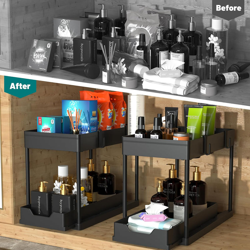 MEAFBIRD Abs 2 Pack Under Sink Organizer Tier Bathroom Cabinet Organizer With Sliding Shelf Basket, Multi-Purpose Organizers And Storage For Kitchen - black / black