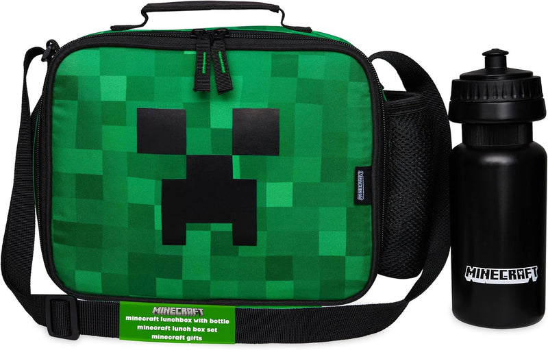 Insulated Lunch Bag with Water Bottle for Kids Lunch Box Creeper Packed Lunch Bag for School Multiple Compartments Travel Snacks Gifts - Green