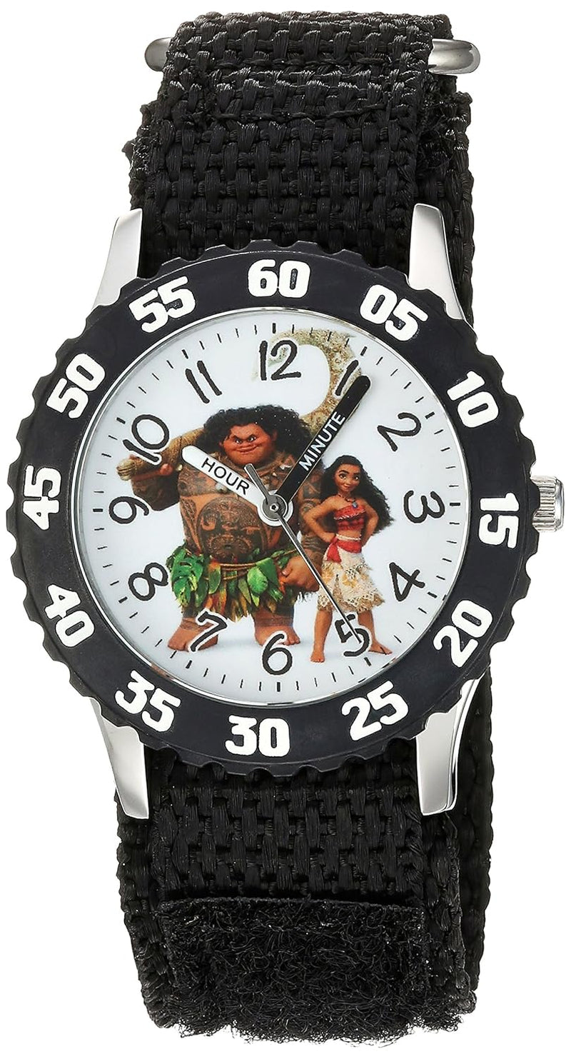 Disney Moana Kids' Bezel Stainless Steel Time Teacher Analog Nylon Strap Watch, Black
