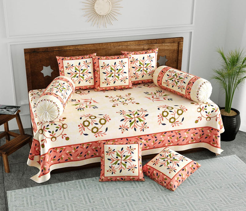 BLOCKS OF INDIA 200TC Diwan Set Cotton 8 Piece | Deewan Printed Bedsheet Sets for Living Room Hall (Set of 8 Piece, 1-Bed Sheet | 2-Bolster Cover | 5-Cushion Cover (Color 25)
