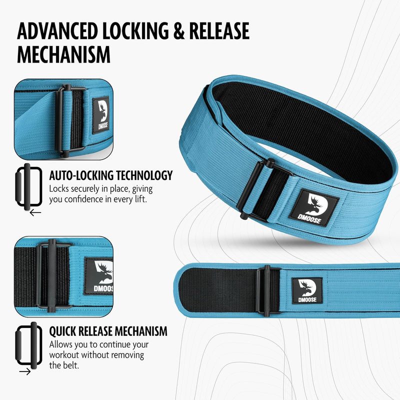 DMoose Fitness Weight Lifting Belt - Auto Locking 4" Nylon Gym Belt with Adjustable Buckle - Provides Lumbar Support & Stability for Olympic Training, WOD & Cross Training for Men & Women