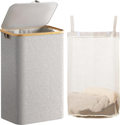 Laundry Hamper with Lid, 120L Large Laundry Basket with Bamboo Handles and Removable Inner Bag, Collapsible Dirty Clothes Hamper Laundry Bin for Bathroom, Bedroom, Dorm Laundry Room(Beige) - Light Grey 120L
