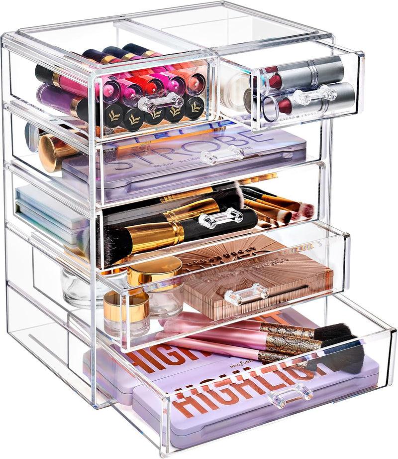 Sorbus Acrylic Clear Makeup Organizer - Big & Spacious Cosmetic Display Case - Stylish Designed Jewelry & Make Up Organizers and Storage for Vanity, Bathroom (4 Large, 2 Small Drawers) - 4 Large, 2 Small Drawers Transparent