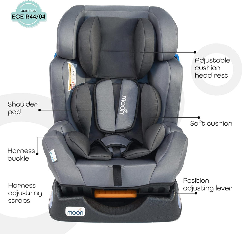 The Moon Brand Sumo Car Seat – Birth to 6yrs Baby Travel Gear – Convertible Rear & ForwardFacing Booster Seat – Reclining Car Seat for Group 012 – Child Comfort Car Accessories – Light Grey