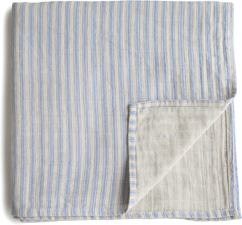 Organic Cotton Muslin Baby Blanket - Extra Soft Breathable Newborn Baby Blanket for Swaddling, Nursing & Cuddling - Pre-Washed for Delicate Skin Caramel Dots - Blue Stripe