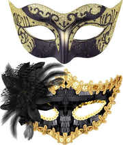 Couple Masquerade Masks Set Venetian Party Mask Costume Mask - Black & Gold