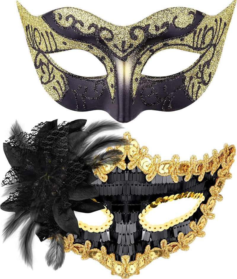 Couple Masquerade Masks Set Venetian Party Mask Costume Mask - Black & Gold