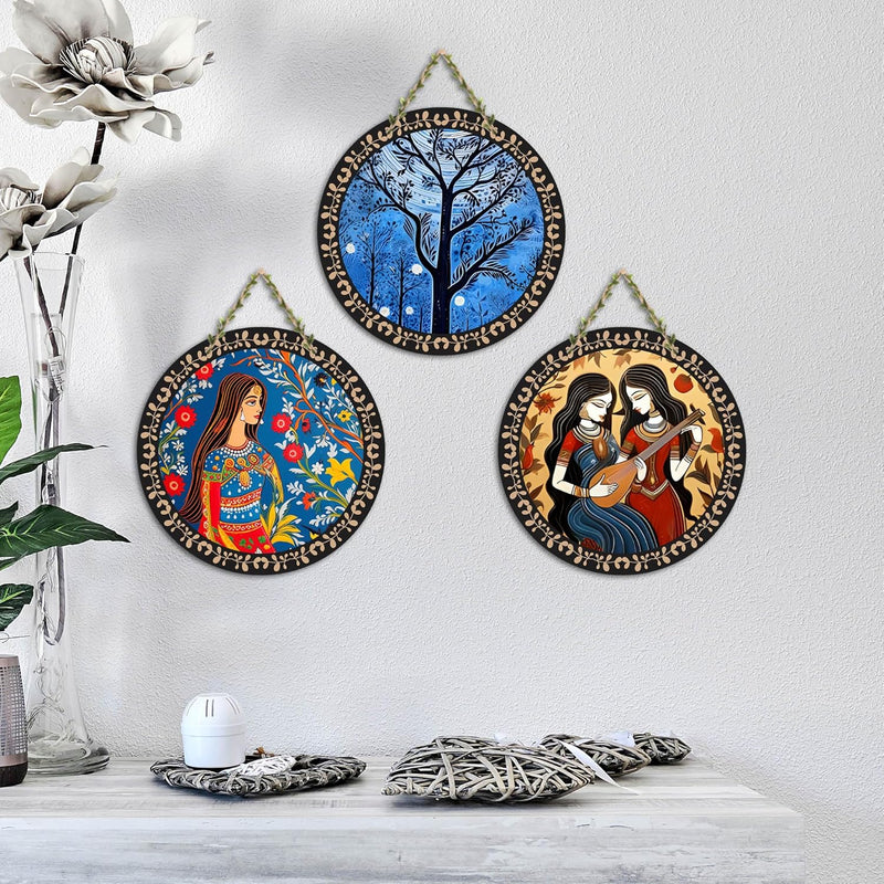 Artvibes Rajasthani Culture Wooden Wall Hanger for Home | Office | Living Room | Gift | Modern Decoration Items | Kitchen Wall Decor | Home Decor Hanging Items (WH_5012N), Set of 3