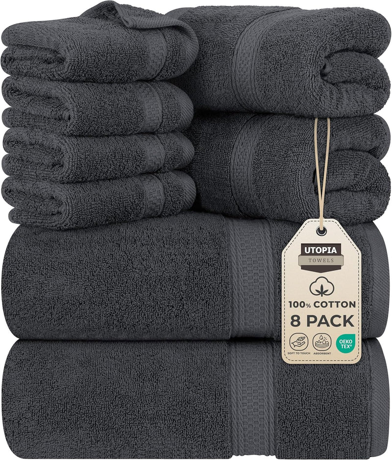 Utopia Towels Premium 8 Piece Towel Set (Grey) - 2 Bath Towels, 2 Hand Towels and 4 Washcloths Cotton Hotel Quality Super Soft and Highly Absorbent