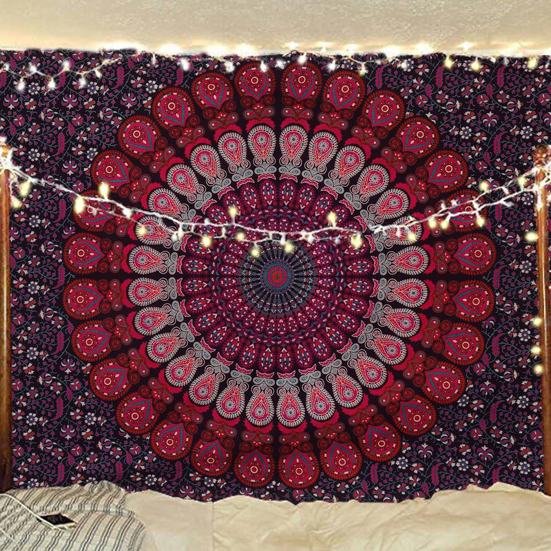 Bless International, Indian Wall Hanging Psychedelic Hippie Bohemian Peacock Mandala Tapestry Bed Sheet Gold Pink Blue King 225x265cm