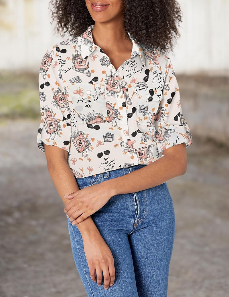 womens Long Sleeve Whimsical Blouse Blouse - Soft White Multi