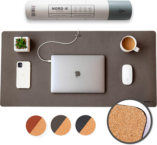 Nordik Leather Desk Mat Cable Organizer (Alaskan Gray 35 X 17 inch) Premium Extended Mouse Mat for Home Office Accessories - Non-Slip Vegan Leather Desk Pad Protector & Desk Blotter Pad - Cork Gunmetal Grey