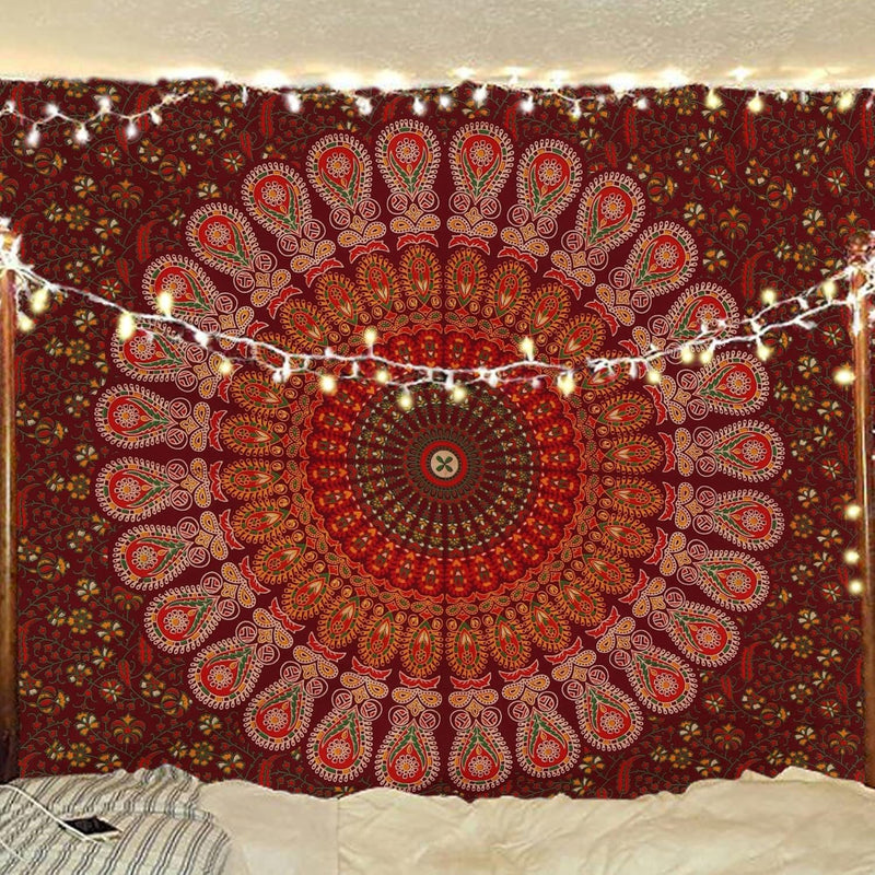Bless International, Indian Wall Hanging Psychedelic Hippie Bohemian Peacock Mandala Tapestry Bed Sheet Gold Pink Blue King 225x265cm