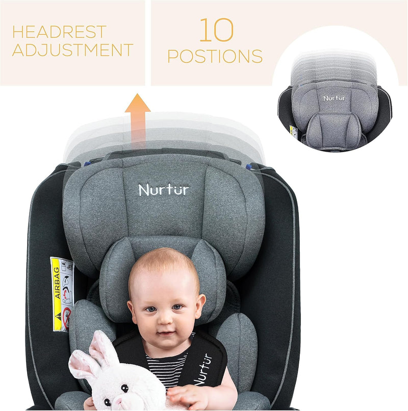 Nurtur Otto Baby/Kids 4-in-1 Car Seat - 4 Position Recline - 5-Point Safety Harness 10 Level Adjustable Headrest, 0 months to 12 years (Group 0+/1/2/3), Upto 36kg Black/Grey