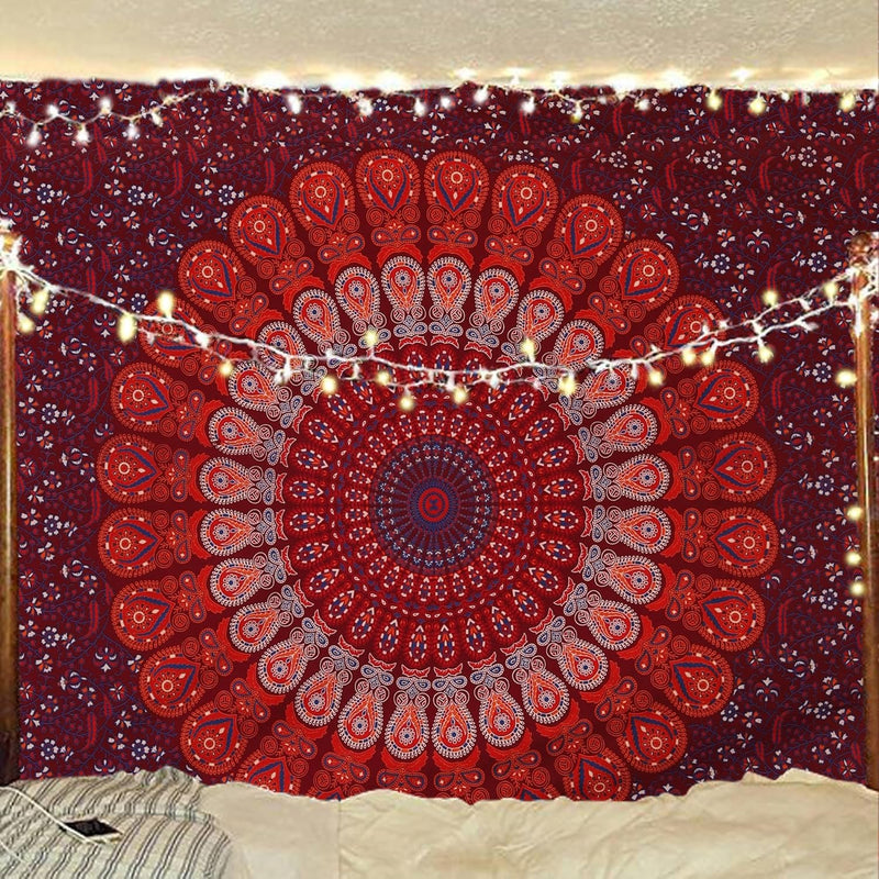 Bless International, Indian Wall Hanging Psychedelic Hippie Bohemian Peacock Mandala Tapestry Bed Sheet Gold Pink Blue King 225x265cm