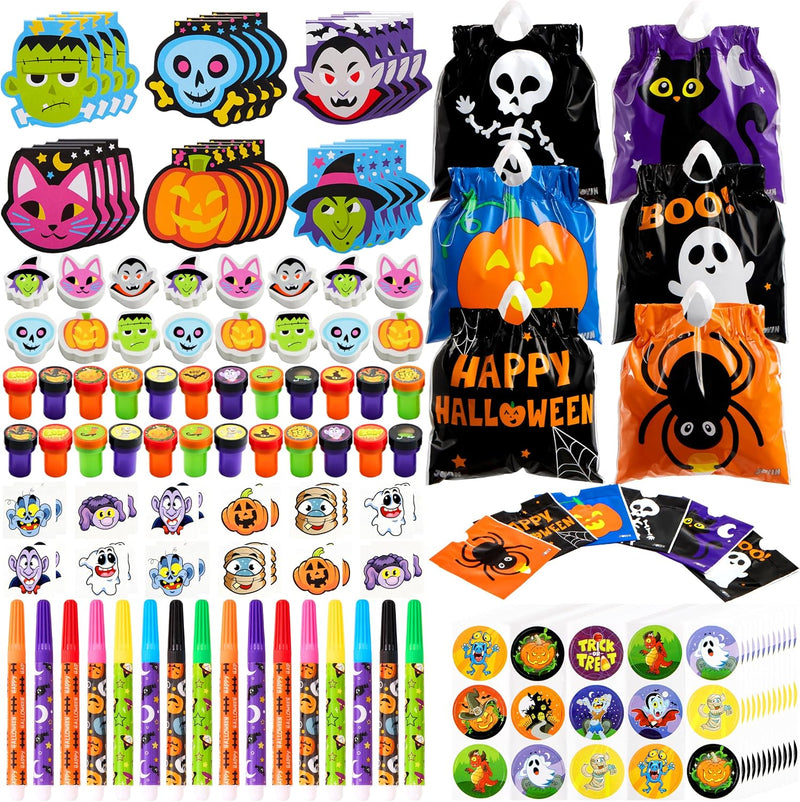 JOYIN 168 Pcs 24 Pack Assorted Halloween Art and Craft Stationery Kids Gift Set Trick or Treat Party Favor Toy Including Halloween Bag, Notepads, Stamps, Pencils, Stickers and Temporary Tattoos
