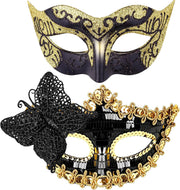 Couple Masquerade Masks Set Venetian Party Mask Costume Mask - Black and Gold Sequins