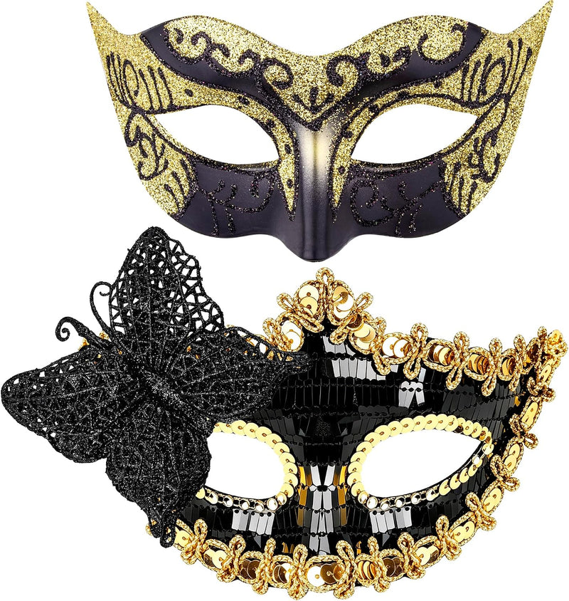 Couple Masquerade Masks Set Venetian Party Mask Costume Mask - Black and Gold Sequins