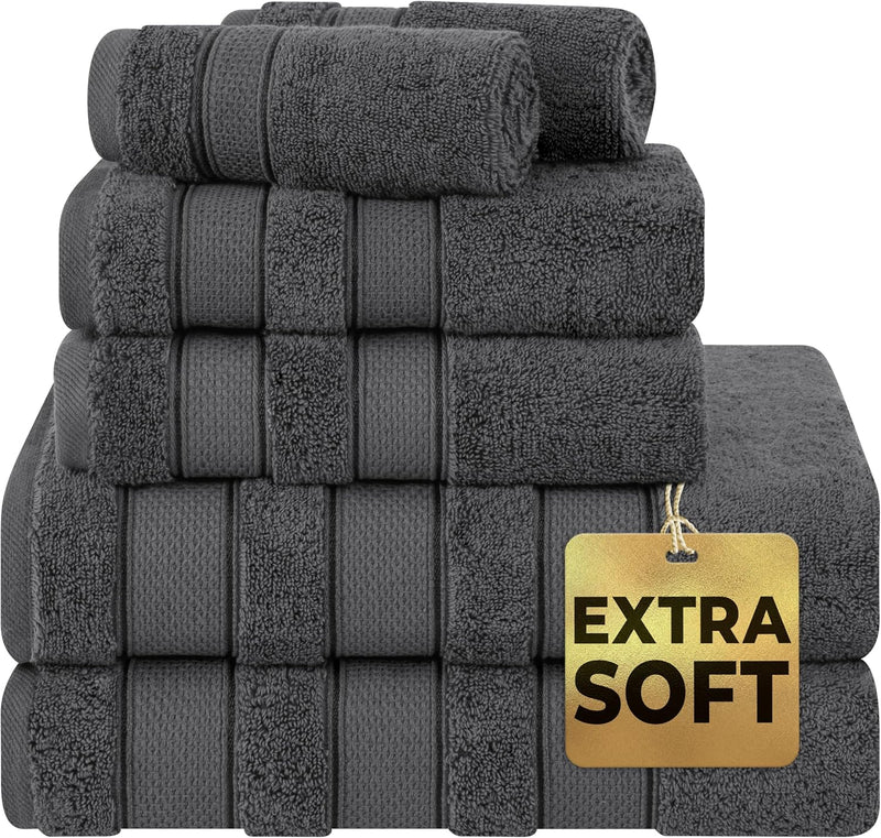 American Soft Linen GMSD 6-Piece 100% Turkish Genuine Cotton Premium & Luxury Towel Set for Bathroom & Kitchen, 2 Bath Towels, 2 Hand Towels & 2 Washcloths [Worth $72.95] - Rockridge Grey