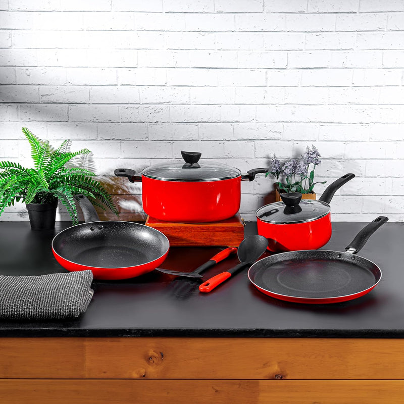 Delcasa 8Pc Nonstick Cookware Set Casserole+ Lid, Sauce pan+ Lid, Frypan, Dosa Tawa, 2pcs nylon tool
