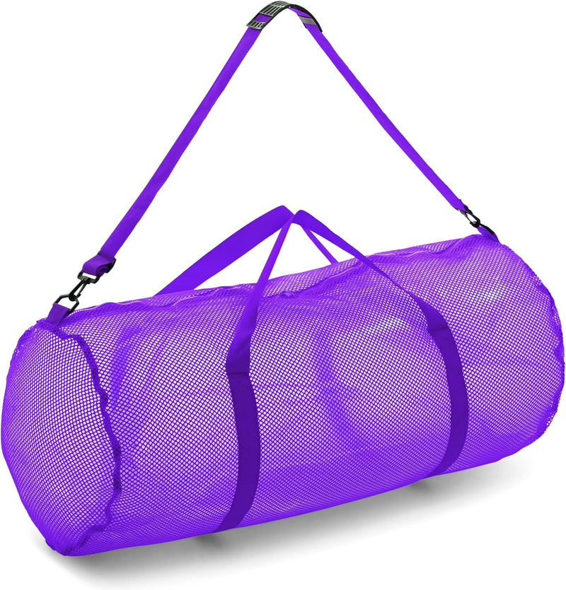 Mesh Duffle Bag with Zipper and Adjustable Shoulder Strap, 15 x 36 - Multipurpose, Oversized Gym Bag for Equipment, Sports Gear, Laundry - Breathable Mesh Scuba and Travel Bag - Purple 15" x 36"