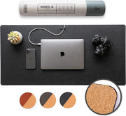 Nordik Leather Desk Mat Cable Organizer (Alaskan Gray 35 X 17 inch) Premium Extended Mouse Mat for Home Office Accessories - Non-Slip Vegan Leather Desk Pad Protector & Desk Blotter Pad - Cork Pebble Black