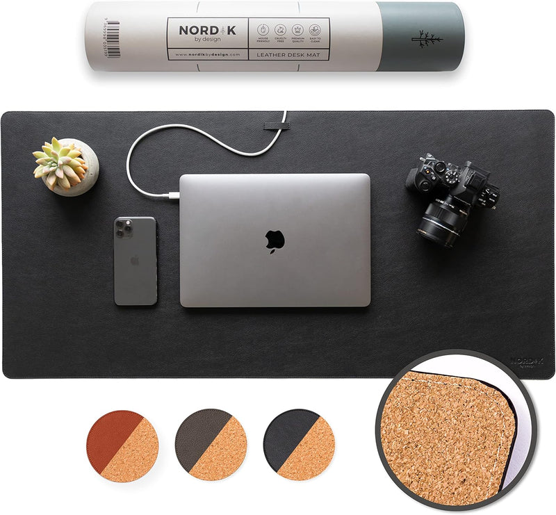 Nordik Leather Desk Mat Cable Organizer (Alaskan Gray 35 X 17 inch) Premium Extended Mouse Mat for Home Office Accessories - Non-Slip Vegan Leather Desk Pad Protector & Desk Blotter Pad - Cork Pebble Black