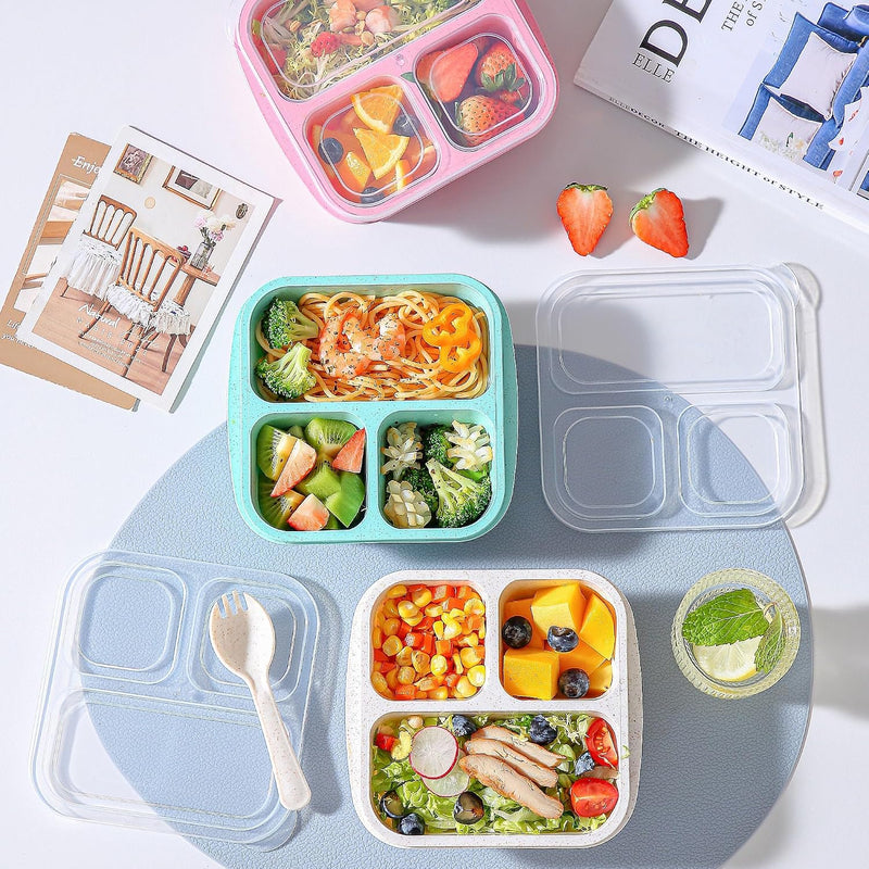 4 Pcs Stackable Wheat Straw PP 3-Compartment Bento Box, Meal Prep Container for School, Work, Travel, Freezer and Dishwasher Safe