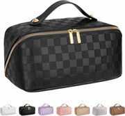 Large Capacity Travel Cosmetic Bag - Portable Makeup Bags for Women Waterproof PU Leather Checkered Makeup Organizer Bag with Dividers and Handle,Toiletry Bag for Cosmetics, brown - black